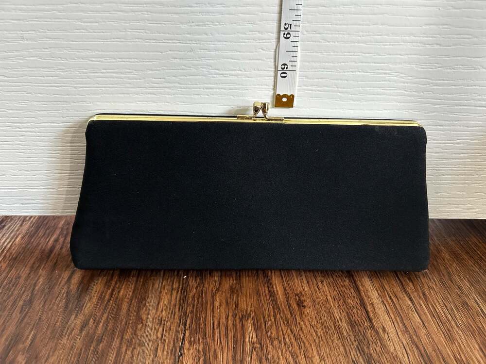 Vintage Black Satin Evening Clutch Bag Gold Tone Frame